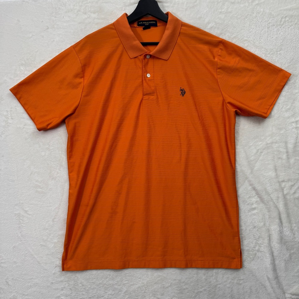 U.S. Polo Assn Golf Polo Shirt Mens Large Orange Textured Stripe Short Sl